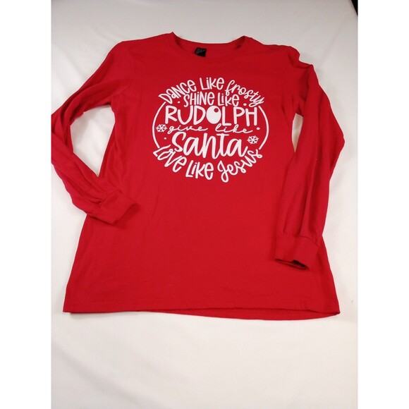 Anvil Tops - Women's /Junior Christmas Rudolph Santa Jesus Long Sleeve Red T-shirt Size Small